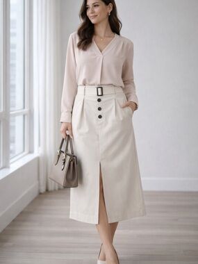 ANTONIO MELANI Cream High-Waist Midi Skirt with Front Buttons